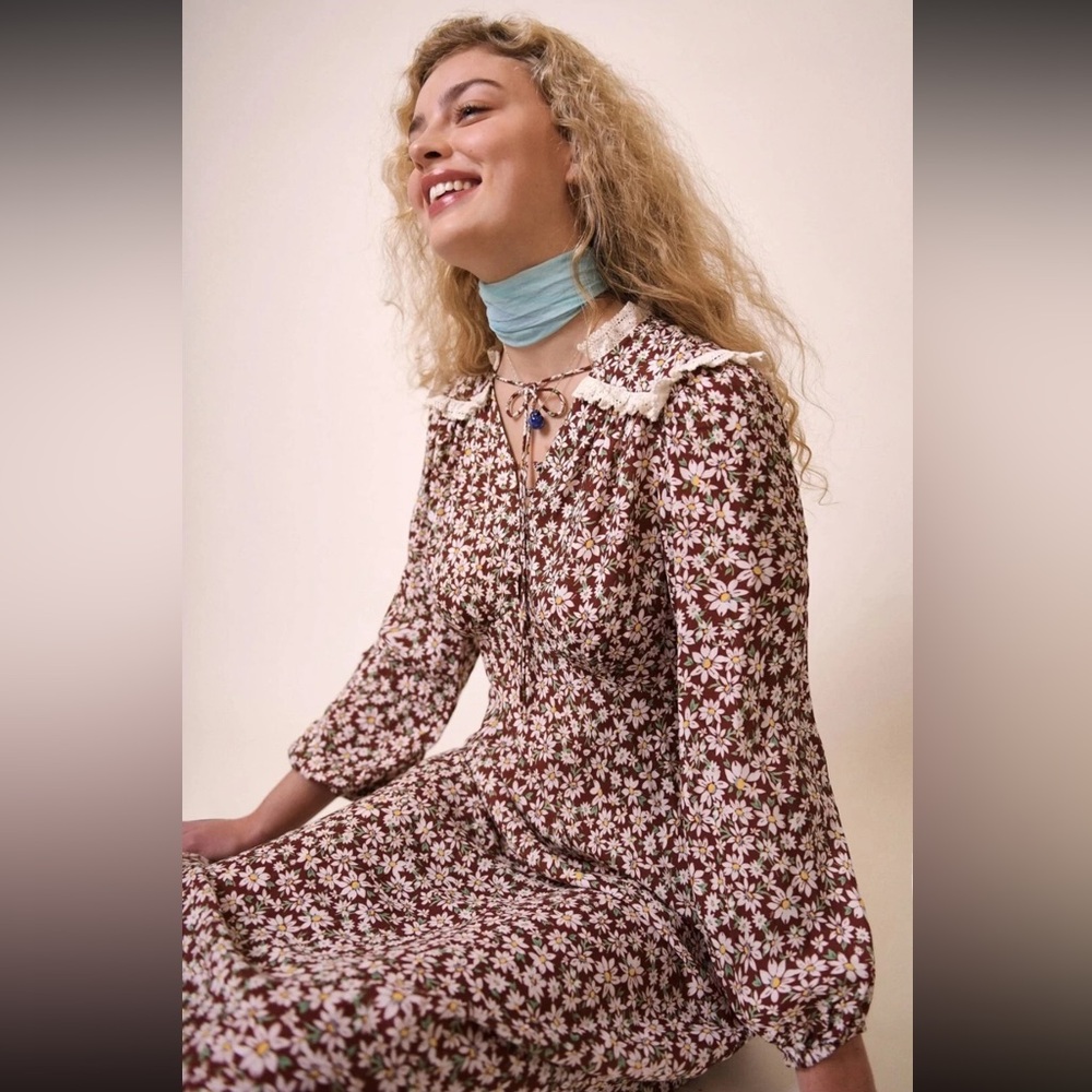 NWT RIXO Brown Chocolate Daisy Chain Midi Dress - Picture 2 of 10